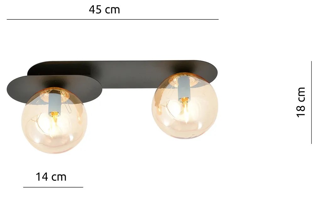 Plafoniera Minimal 2 Luci Teia In Acciaio Nero E Sfere Vetro Ambra
