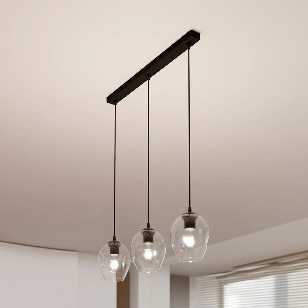 Lampadario 3 Luci Fuxi In Acciaio Nero E Vetri Trasparente