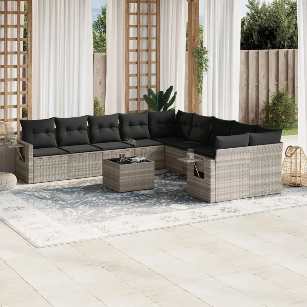 Set divani da giardino 11 pz con cuscini in polyrattan grigio