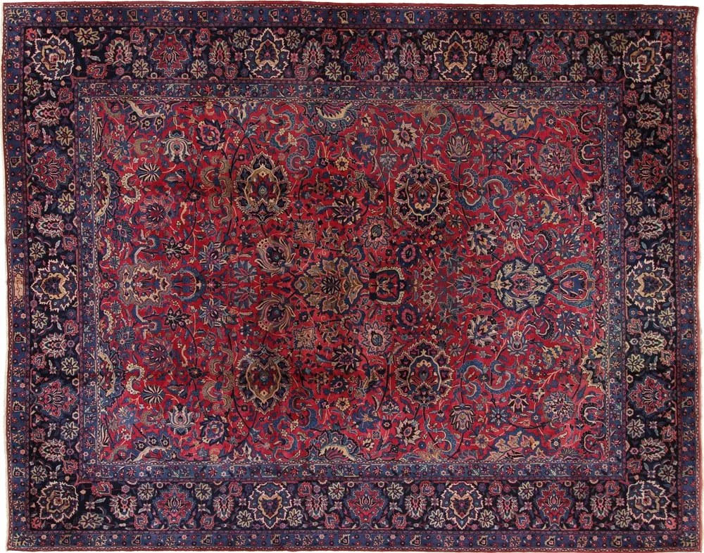 Kashan Tappeto 380 x 300 Blu (Iran) Annodato A Mano