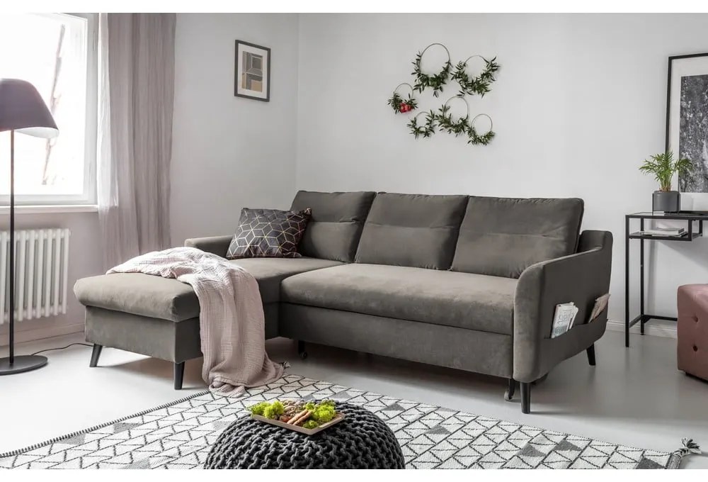Divano letto angolare in velluto grigio scuro, angolo sinistro Stylish Stan - Miuform