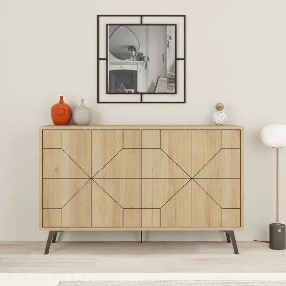 Madia Moderna 4 Ante 123 Cm Design Geometrico Piedi Metallici Dune Rovere