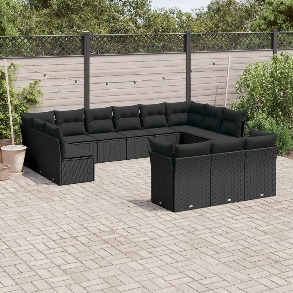 Set divani da giardino 13pz con cuscini nero in polyrattan