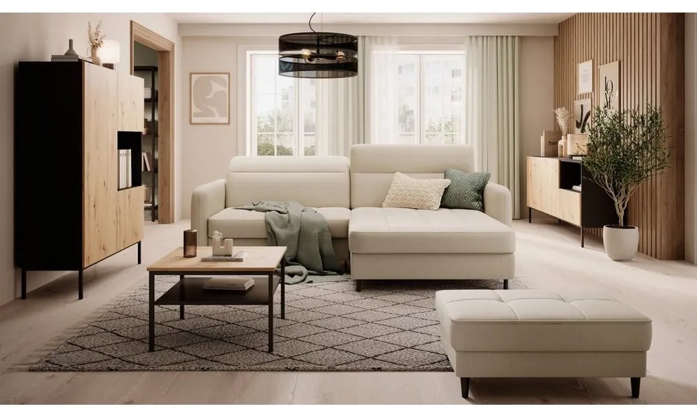 Divano angolare beige allungabile/con contenitore (con penisola a destra/con chaise lounge) e rivestimento in velluto Gomsi – ELTAP