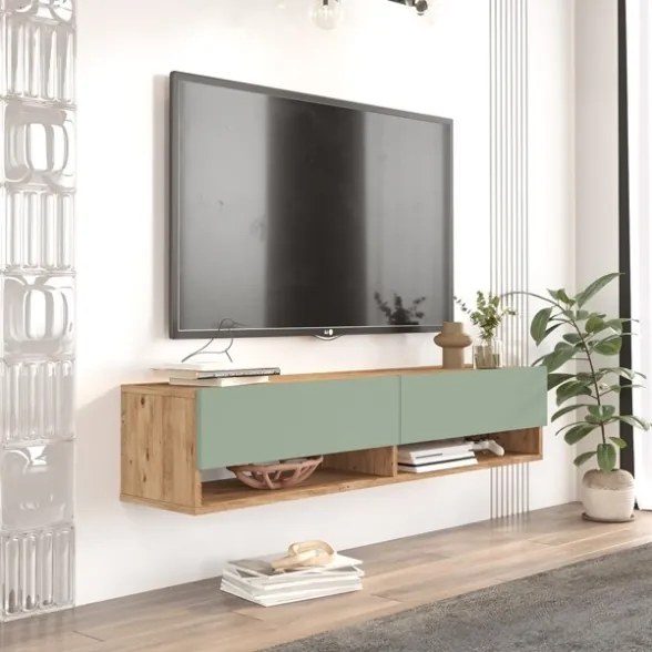 Mobile Tv Sospeso 140x32x30 Effetto Legno 2 Vani Rovere E Verde Frame