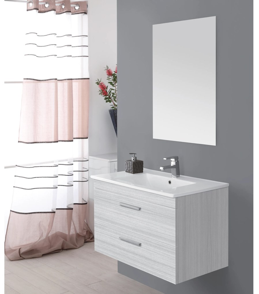 Mobile Bagno Sospeso 80 Cm Due Cassetti Specchio 60x80 Cm Feridras "Stella" Grigio