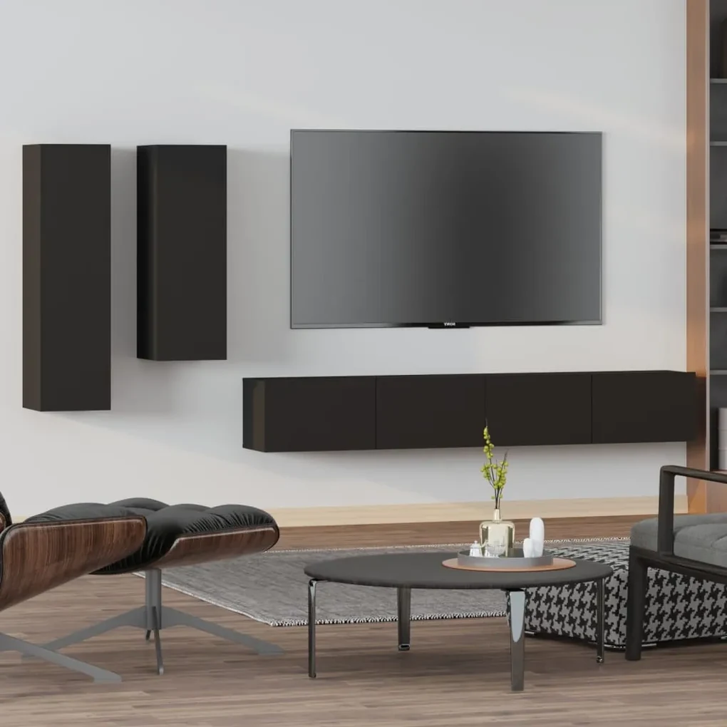 Set mobili porta tv 4 pz nero in legno multistrato