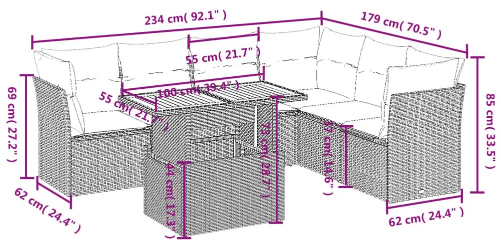 Set divani da giardino con cuscini 7pz nero polyrattan