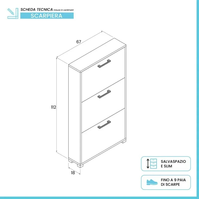 Scarpiera salvaspazio con tre ante a ribalta in legno bianco H 112 cm