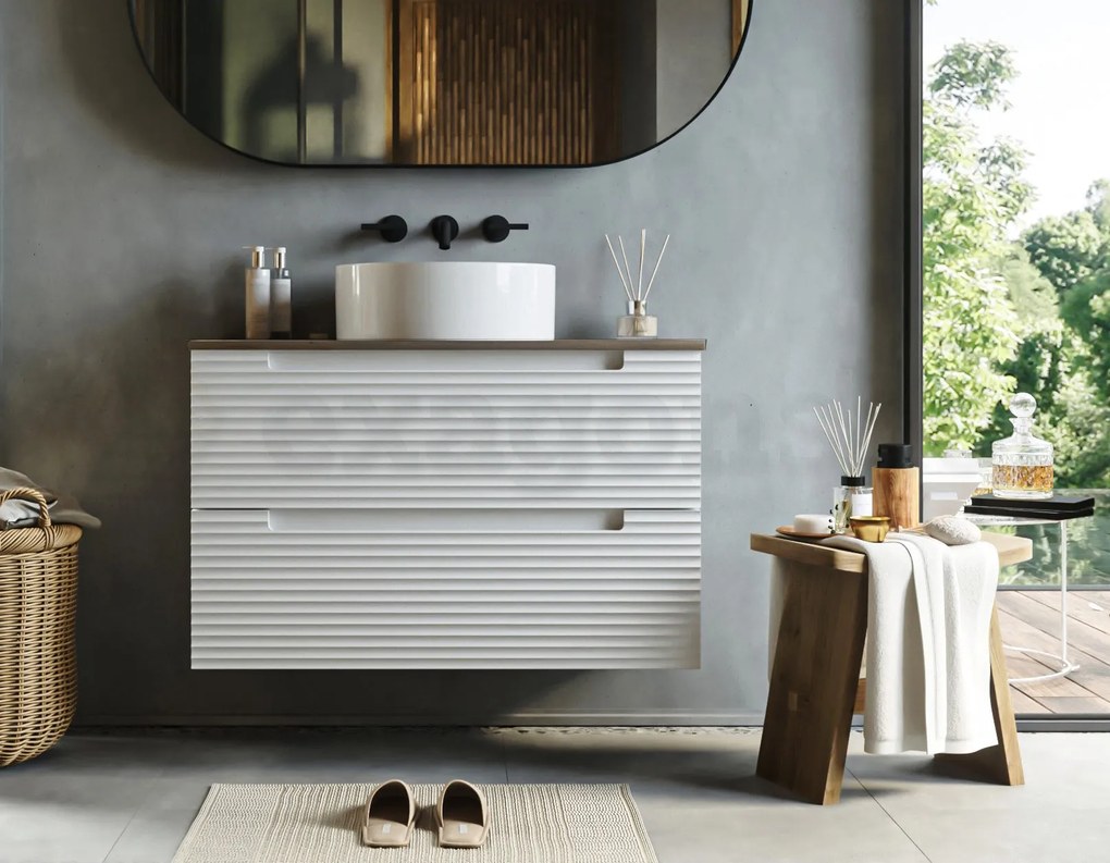 Mobile bagno bianco opaco 80x45 Mango due cassetti soft close con top noce e lavabo tondo da appoggio in ceramica lucida