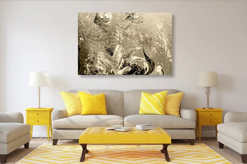 Quadro su tela – Peonie dipinte moderne in versione seppia