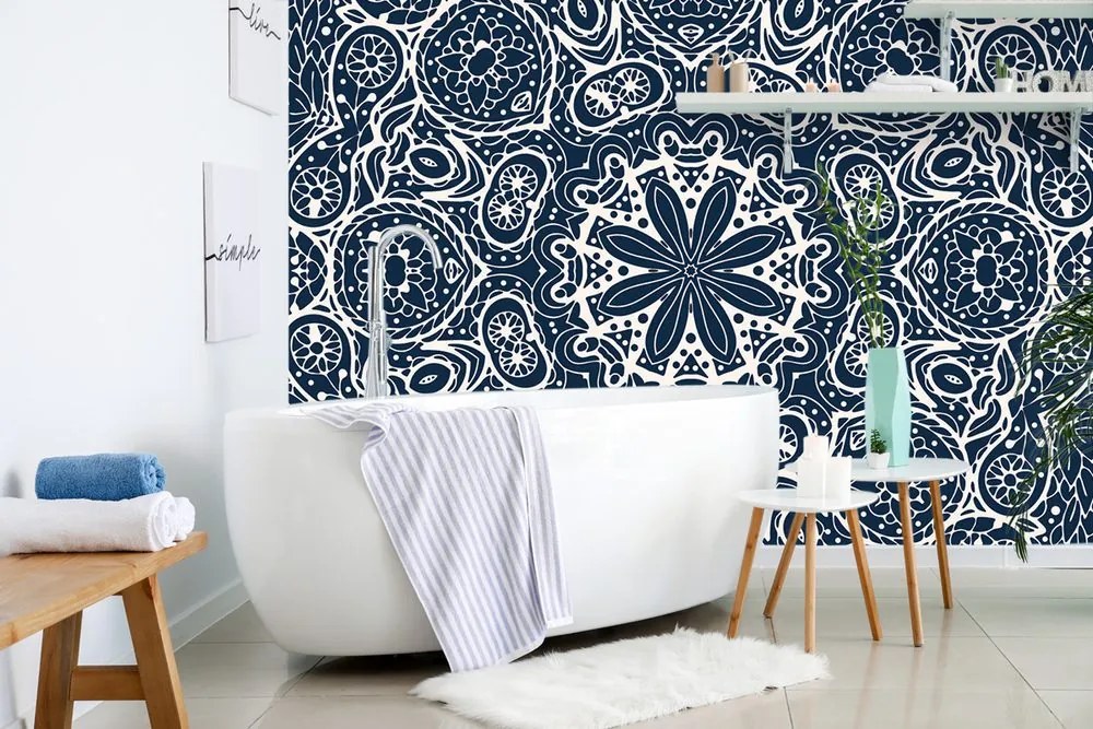 Carta da parati – Mandala bianca su sfondo blu