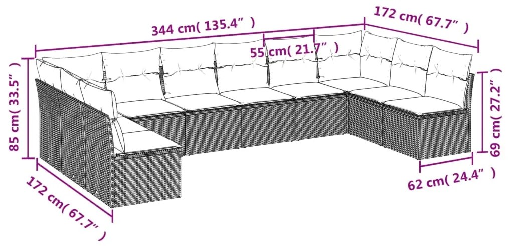 Set divani da giardino 10pz con cuscini in polyrattan marrone
