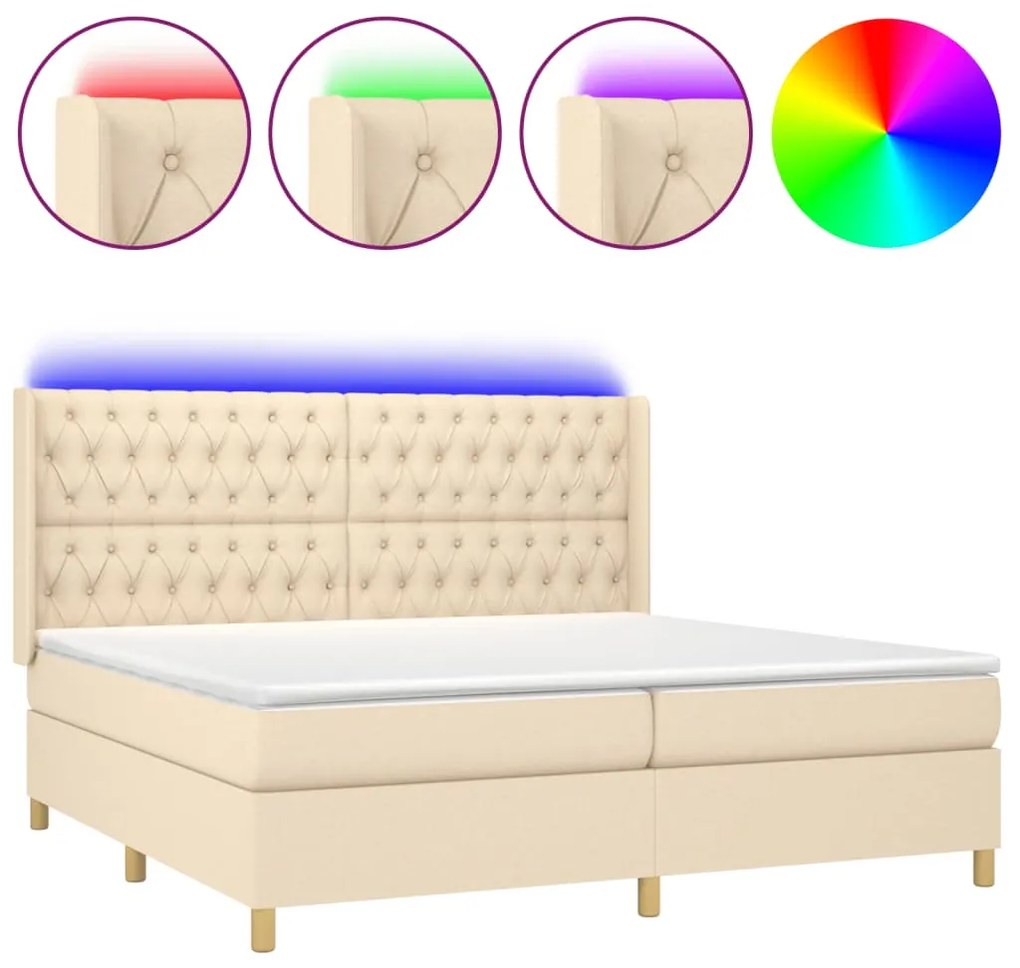 Letto a molle materasso e led bianco 200x200cm in tessuto