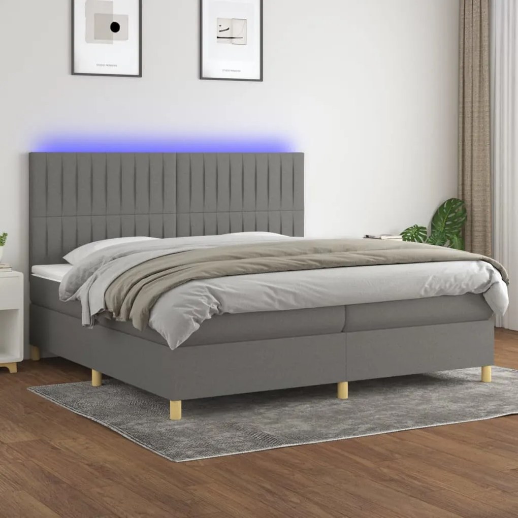 Letto a molle materasso e led grigio scuro 200x200cm in tessuto