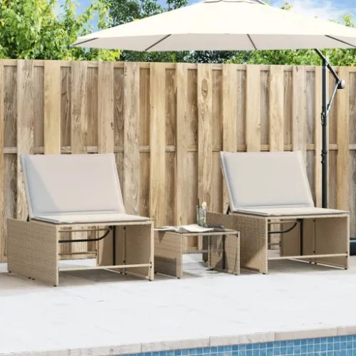 Lettini Prendisole 2 pz con Tavolino Beige in Polyrattan