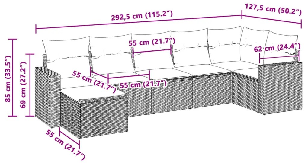 Set divani da giardino 7pz con cuscini grigio chiaro polyrattan