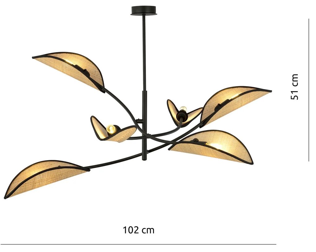 Sospensione Nordica 6 Luci Lotus In Acciaio E Rattan Con Bracci Regolabili