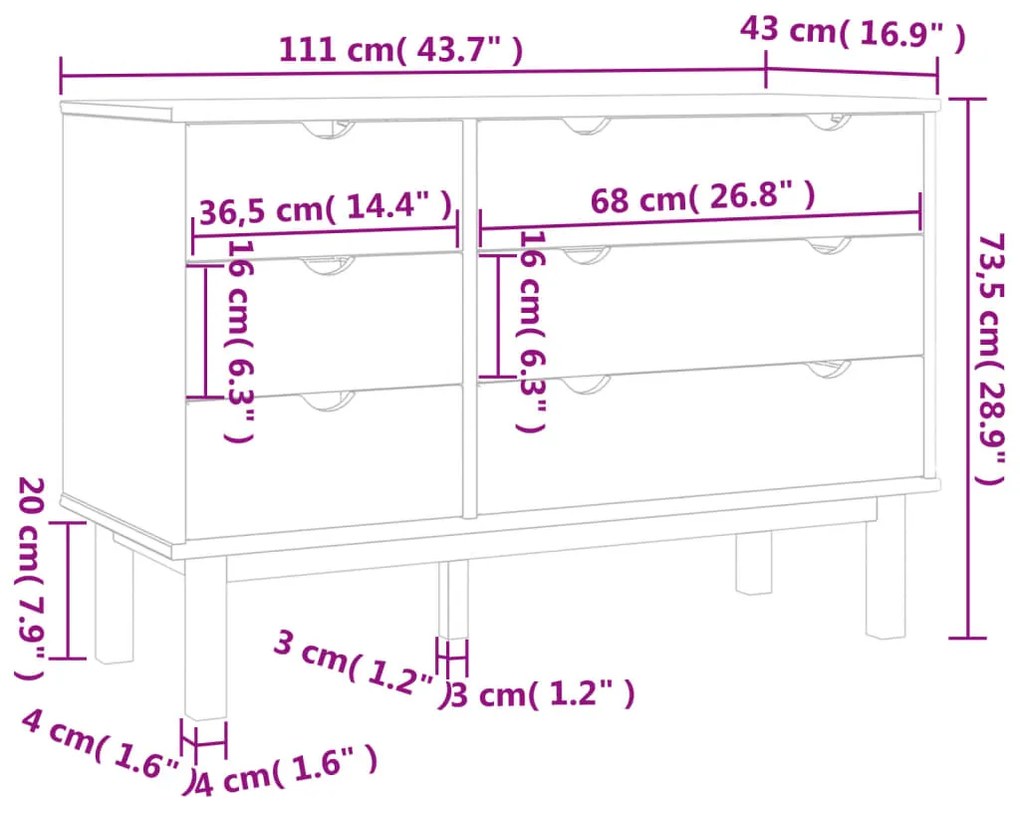 Cassettiera OTTA 111x43x73,5 cm cm in Legno Massello di Pino