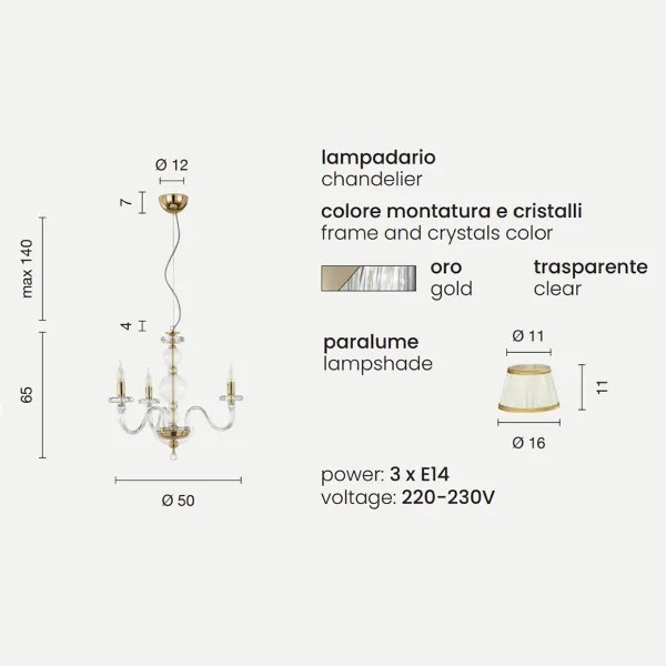 Lampada a sospensione BACH 50 cm con paralume in vetro trasparente 3 LUCI ORO