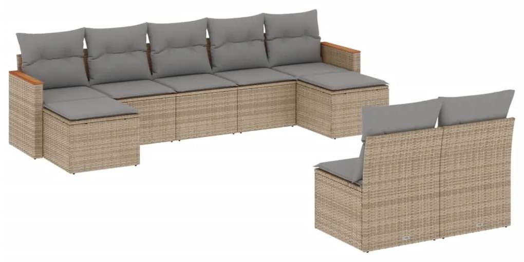 Set divano da giardino 9 pz con cuscini beige misto polyrattan