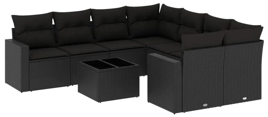 Set divani da giardino 9 pz con cuscini nero in polyrattan