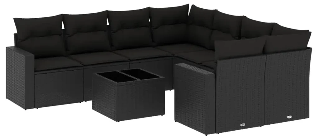 Set divani da giardino 9 pz con cuscini nero in polyrattan