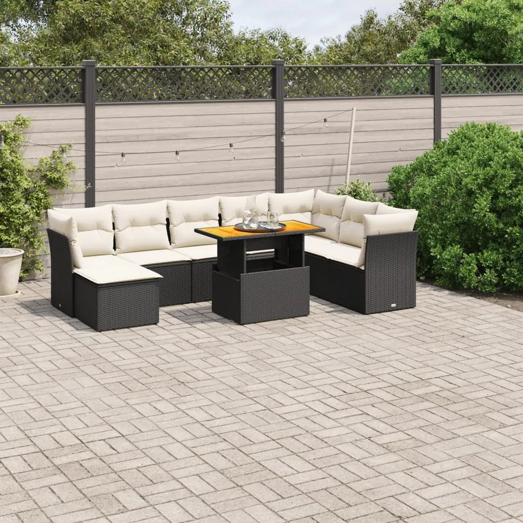 Set divani da giardino 9 pz con cuscini nero in polyrattan