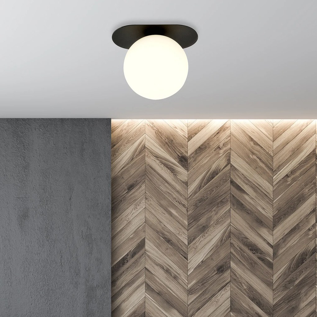 Plafoniera Minimal 1 Luce Teia In Acciaio Nero E Sfera Vetro Opale
