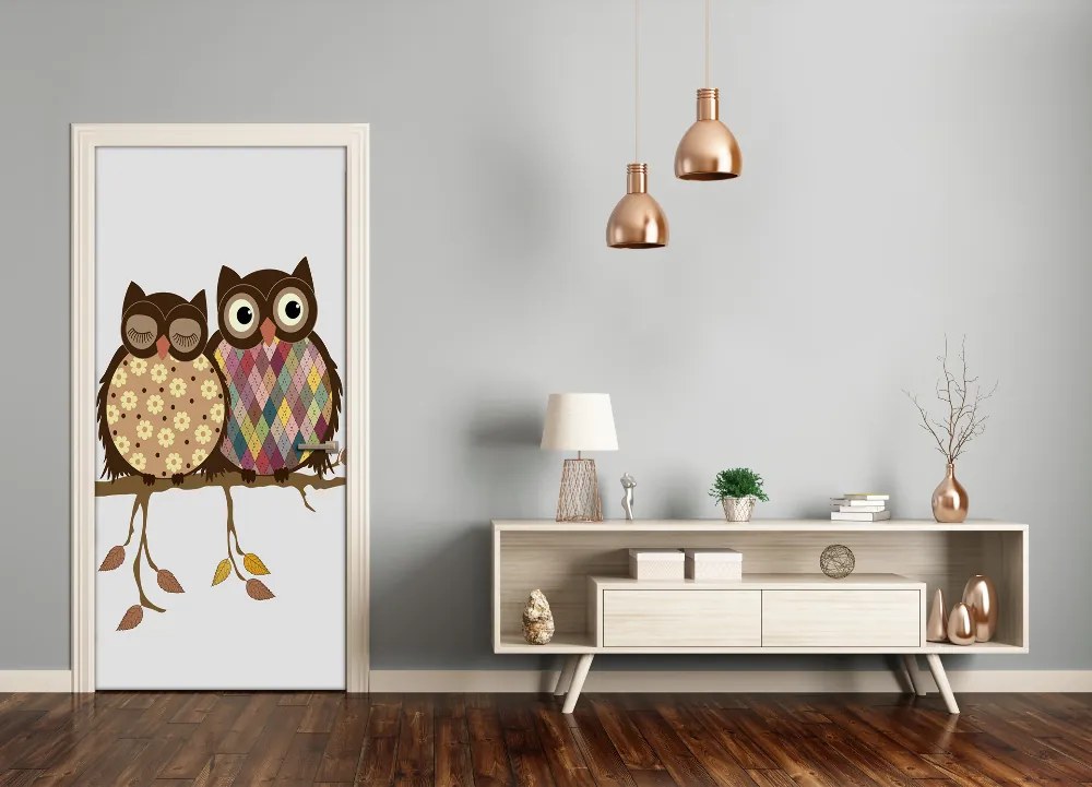 Adesivo per porta Un paio di gufi sui rami 95x205 cm