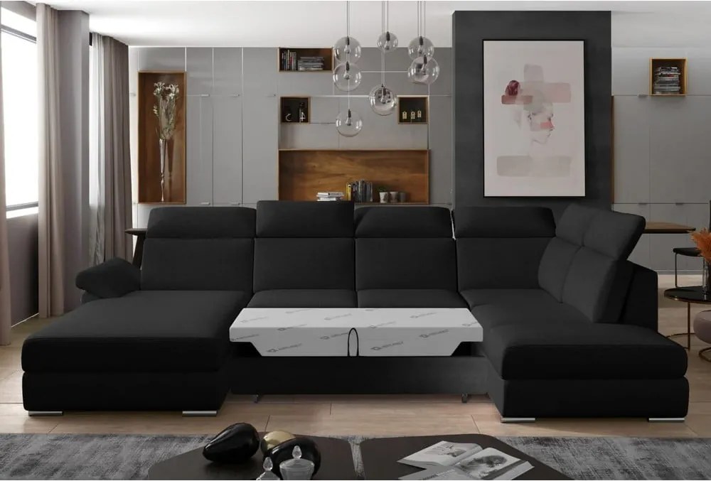 Divano angolare nero allungabile (con penisola a destra/a U) Evanell – ELTAP