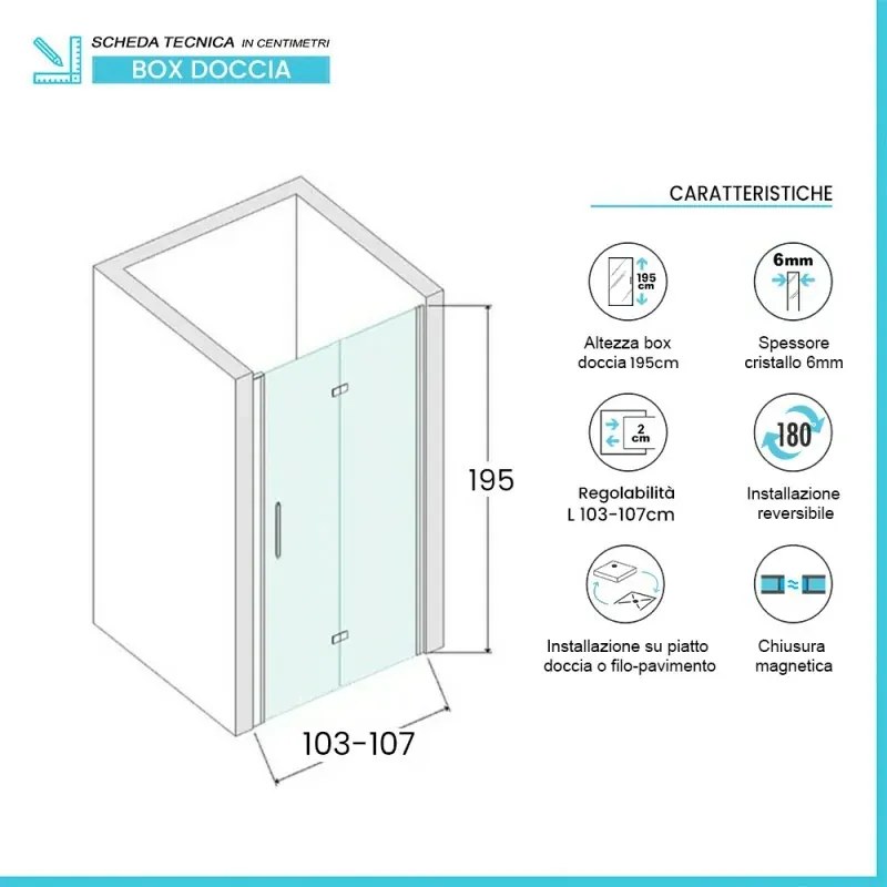 Porta doccia a soffietto per nicchia 105cm in vetro temperato trasparente con profili nero opaco Neos