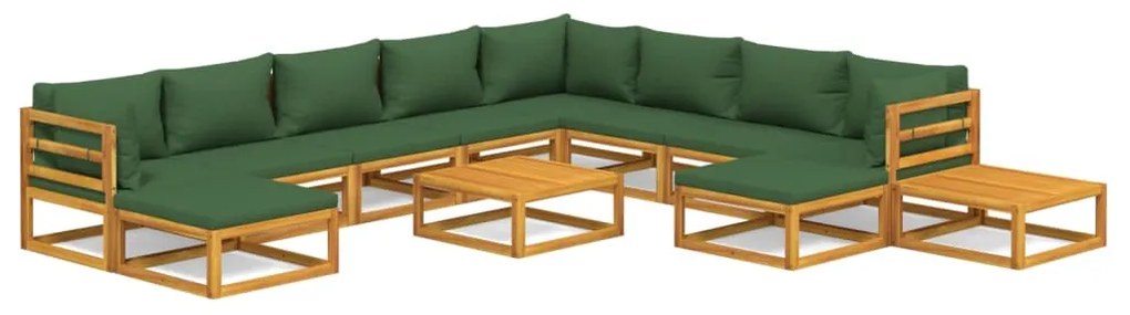 Set salotto da giardino 12pz con cuscini verdi legno massello