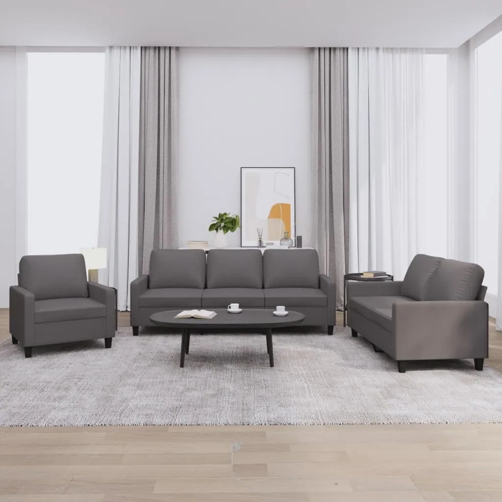 Set Di Divani 3 Pz Con Cuscini Grigio İn Similpelle /