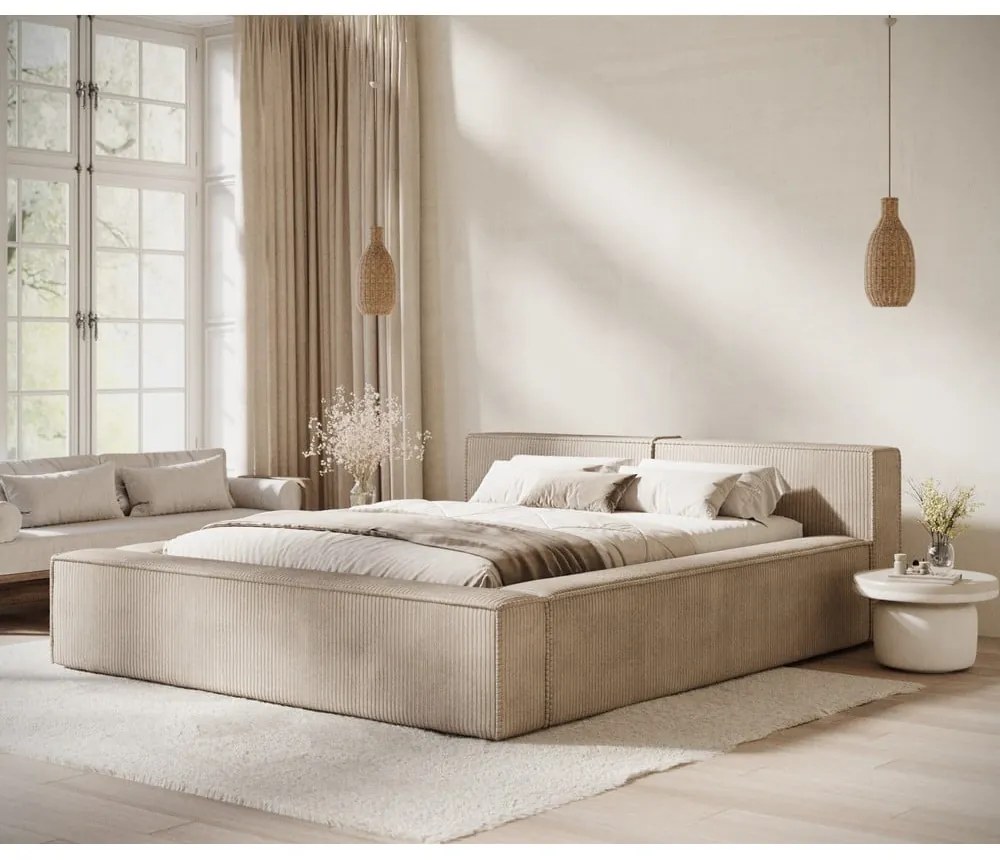 Letto matrimoniale imbottito beige con contenitore e rete inclusi 180x200 cm Voliera – Maison de Rêve