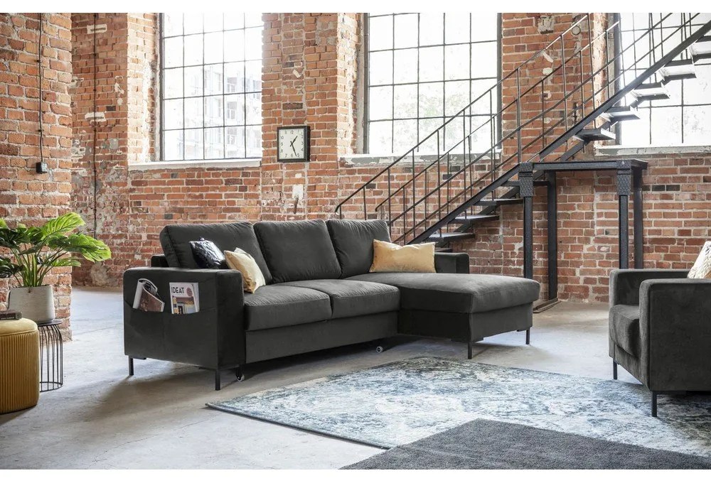 Divano letto angolare in velluto grigio scuro, angolo destro Lofty Lilly - Miuform