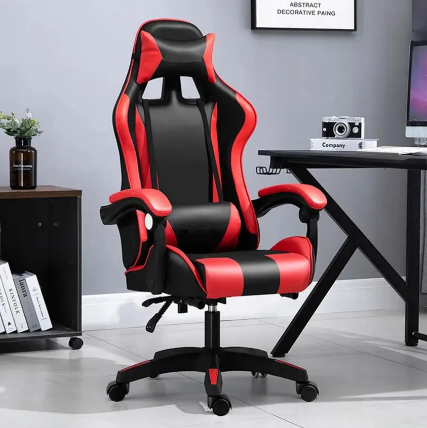 Comoda sedia da gaming con cuscino rosso e nero