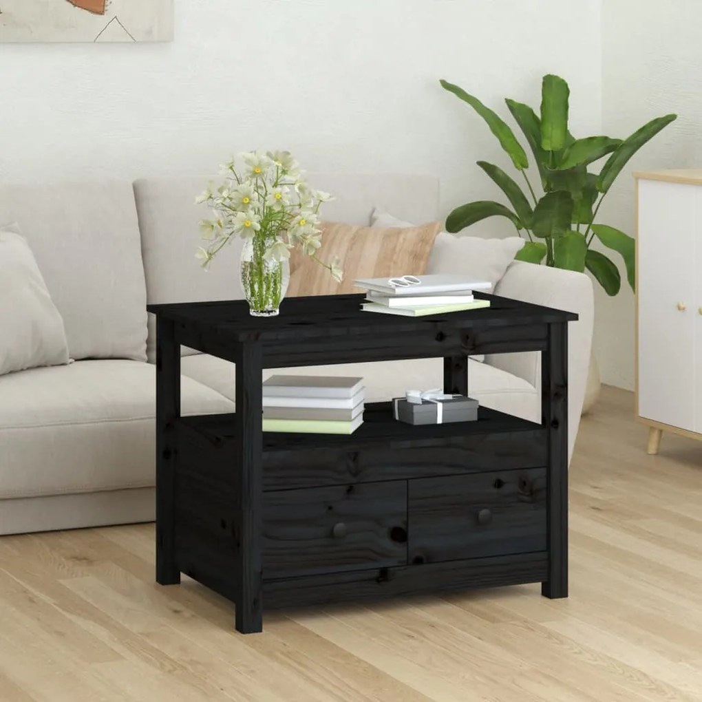 Tavolino da salotto nero 71x49x55 cm in legno massello di pino