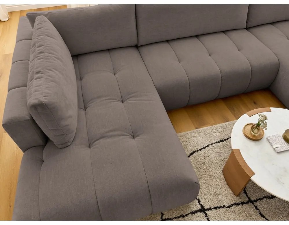 Divano angolare grigio tortora allungabile e con contenitore (penisola a sinistra/a U) con rivestimento in ciniglia Fuji – Bobochic Paris