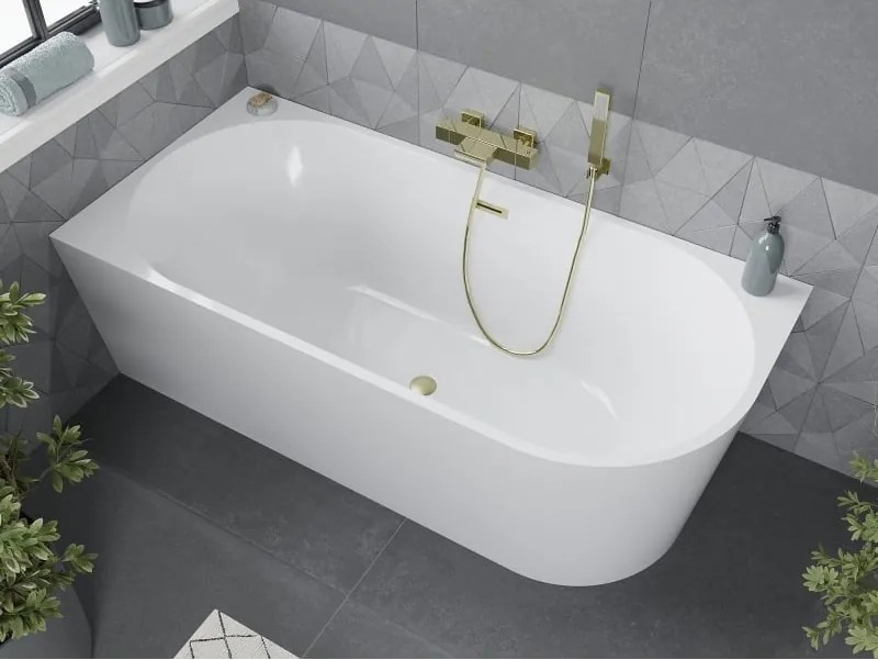 Mexen Mia vasca da bagno freestanding angolare sinistra 160 x 75 cm, bianca, troppopieno dorato spazzolato - 52691607500L-55