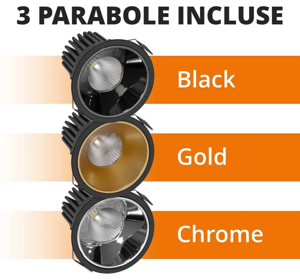 Faro da Incasso 18W Foro Ø90mm Nero IP40 CCT BRIDGELUX LED 3 Parabole Colore Bianco Variabile CCT