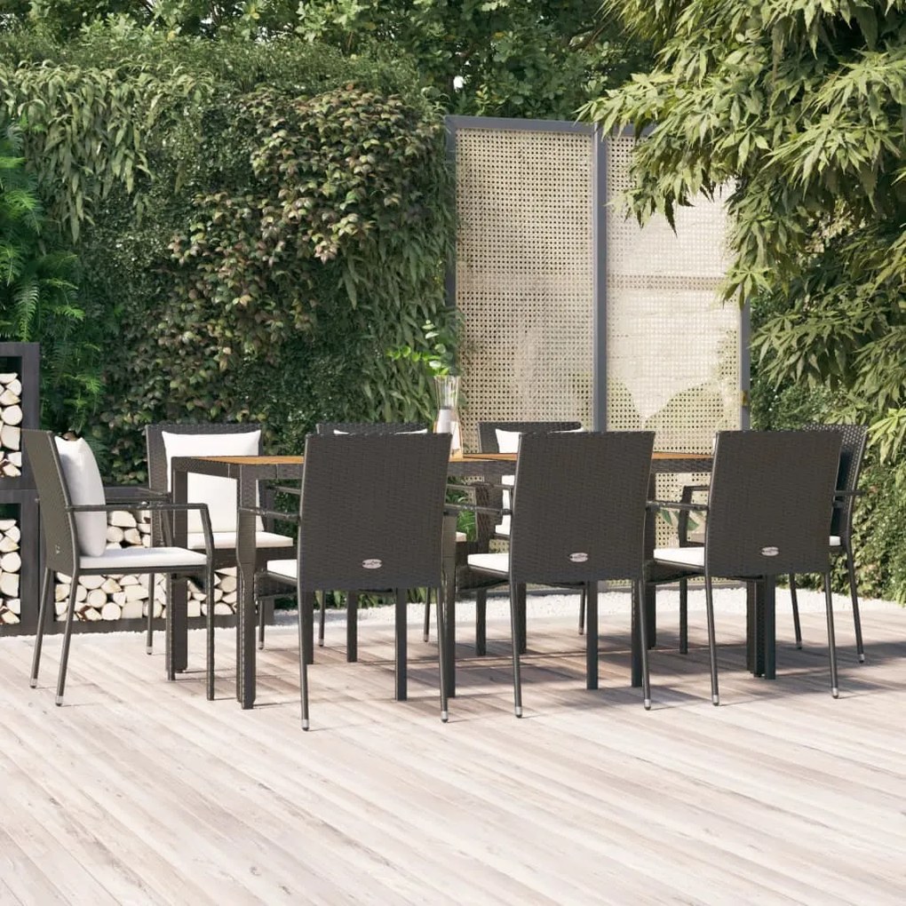 Set Da Pranzo Da Giardino 9 Pz Con Cuscini Nero İn Polyrattan /