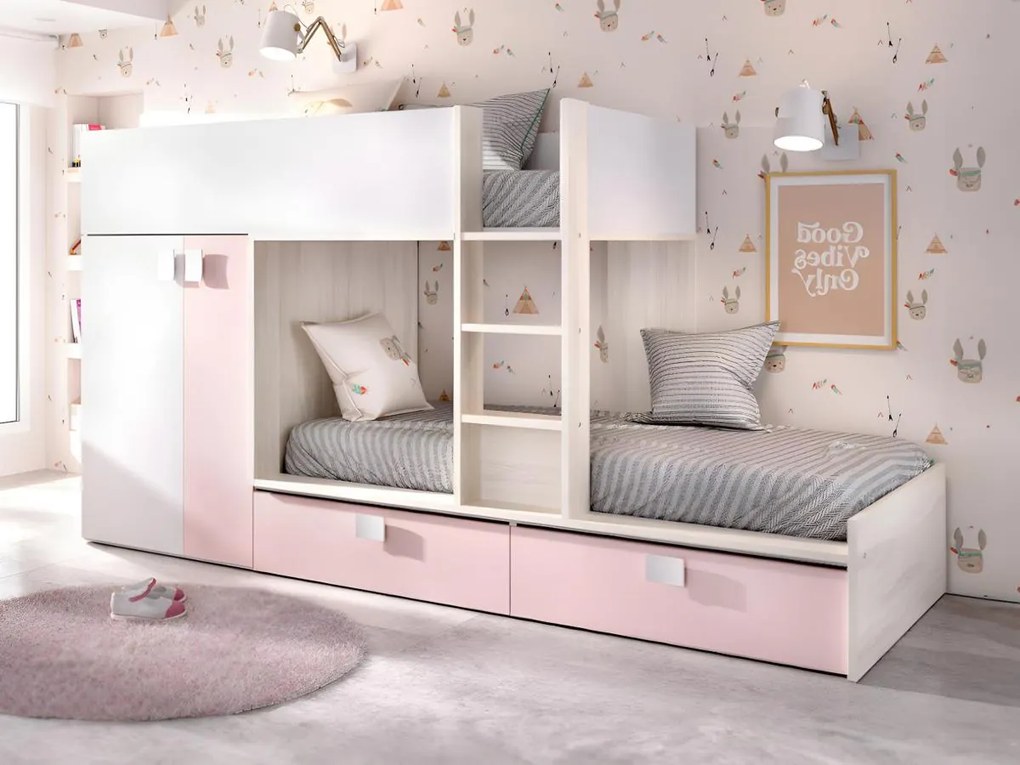 Letto a castello 2 x 90 x 190 cm - Armadio integrato - Bianco, Naturale e Rosa - JUANITO