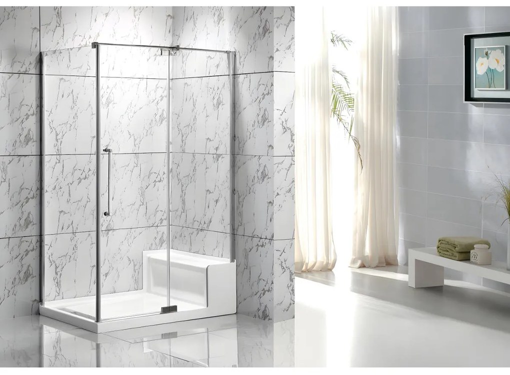 Parete doccia angolare con piatto della doccia e seduta L122 x l81 x H190 cm - DELIA