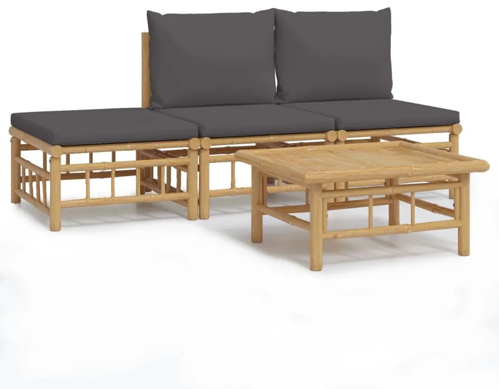 Set salotto da giardino 4pz con cuscini grigio scuro bambù