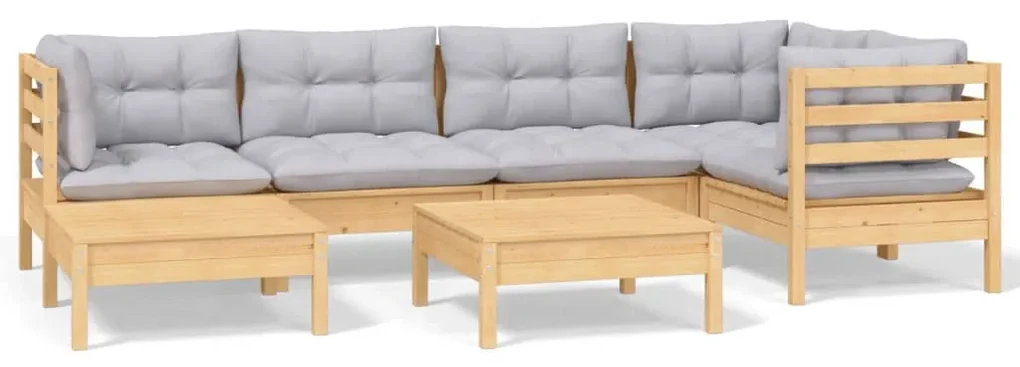 Set divani da giardino 7 pz con cuscini grigi massello di pino
