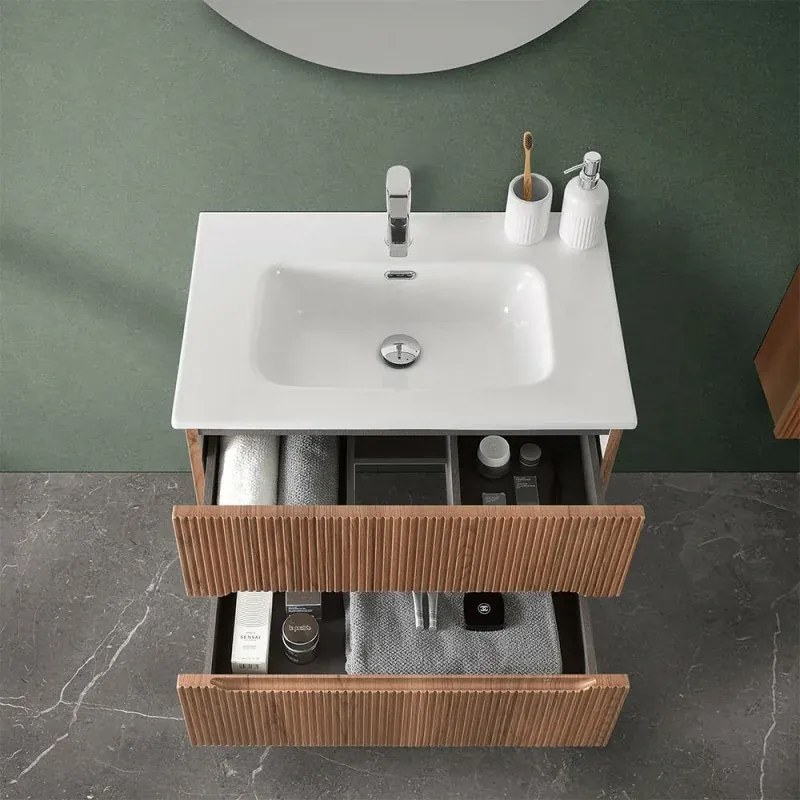 Mobiletto bagno sospeso cannettato 70 cm noce canaletto Bali