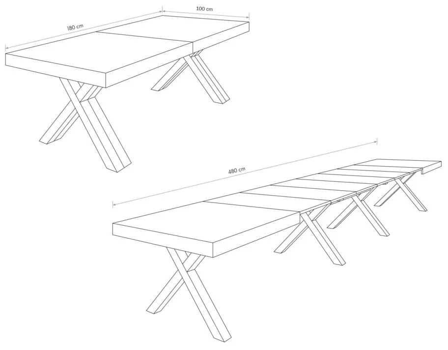 Tavolo GALLIPOLI in legno nobilitato bianco consumato allungabile 180×100 cm – 480×100 cm (Gambe X)
