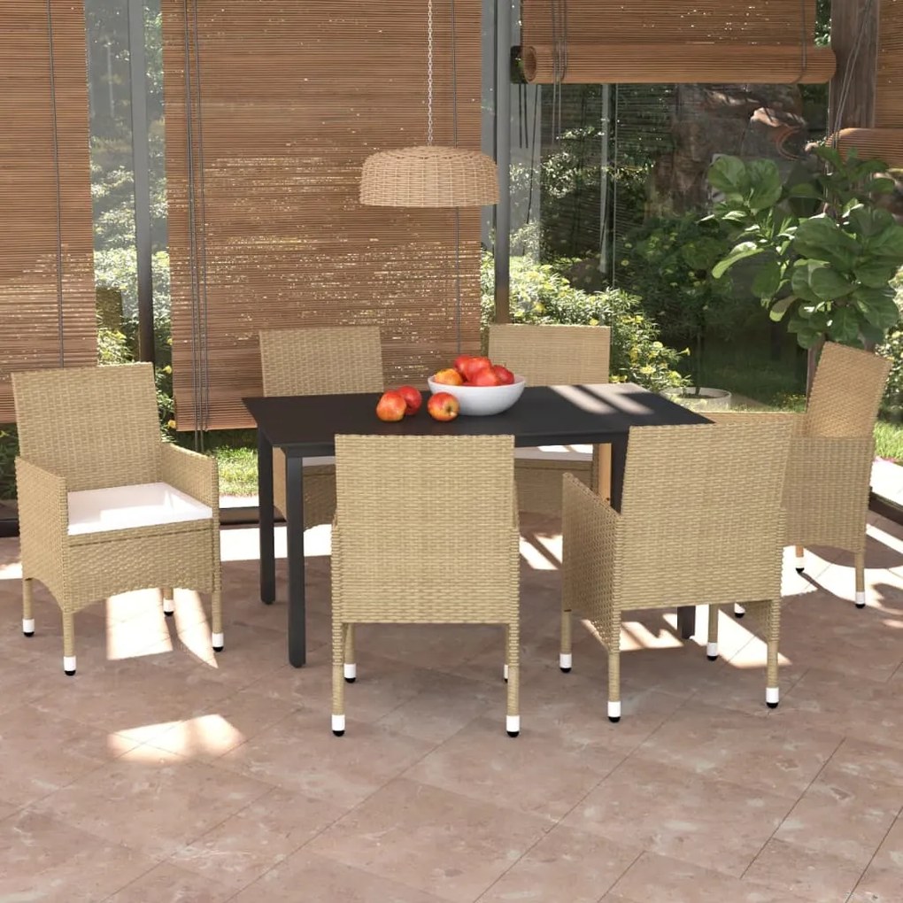 Set pranzo da giardino 7 pz con cuscini in polyrattan beige