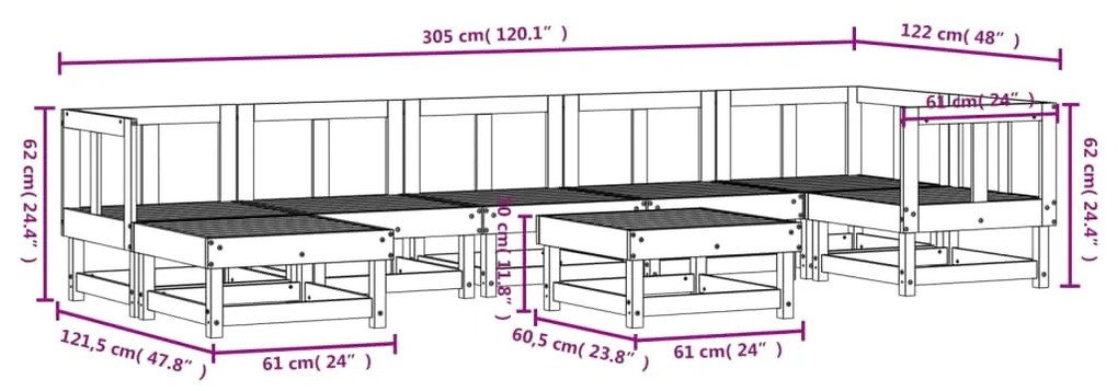 Set Salotto da Giardino 8 pz in Legno Massello di Pino Nero